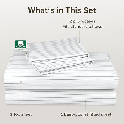 California Design Den Full Size Bed Sheets Set - 400 Thread Count Sateen, Natural 100% Cotton Sheets Full Size, Deep Pocket and Durable Bedding Set - Pinstriped