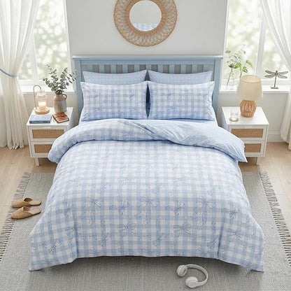 Blue Plaid Bow Comforter Set Twin Size, 2 Pcs Checkered Gingham Bedding Set Love Heart Reversible Comforter with 1 Pillowcase, 68"x86"