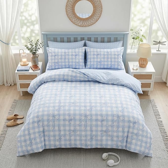 Blue Gingham Comforter Set King Size for Girls, Light Blue Bowknot Bedding with Heart Pattern, 3 Pcs Checkered Plaid Quilted Comforter Set with 2 Pillowcases, 104"x90"