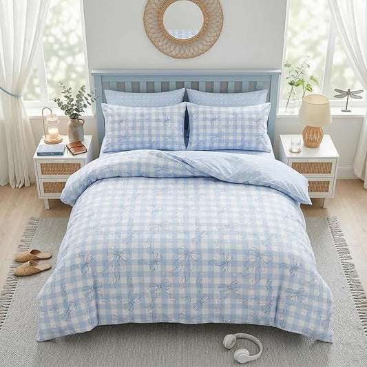 Blue Gingham Comforter Set King Size for Girls, Light Blue Bowknot Bedding with Heart Pattern, 3 Pcs Checkered Plaid Quilted Comforter Set with 2 Pillowcases, 104"x90"