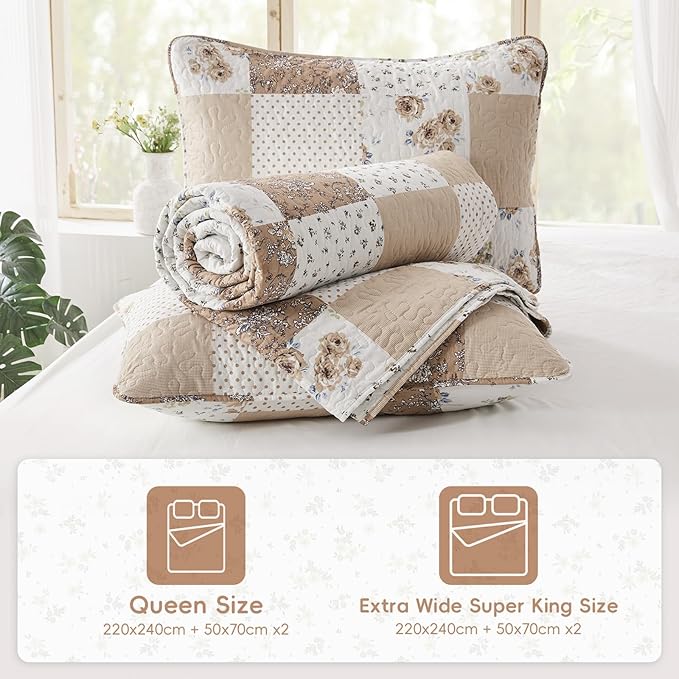 VIVILINEN Full Queen Size Brown Floral Plaid Patchwork Quilt Set Reversible Quilted Bedspread Coverlet Set 3-Piece Comforter Bedding Set Bed Cover with 2 Pillow Shams