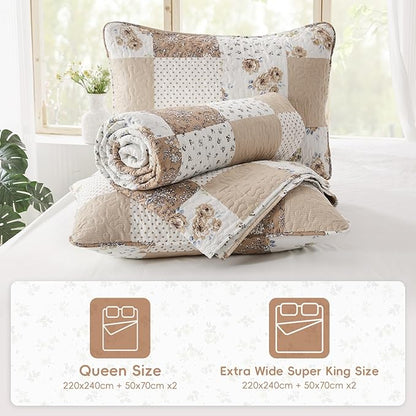 VIVILINEN Full Queen Size Brown Floral Plaid Patchwork Quilt Set Reversible Quilted Bedspread Coverlet Set 3-Piece Comforter Bedding Set Bed Cover with 2 Pillow Shams