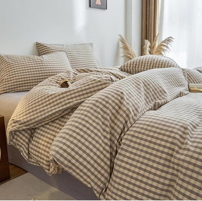 LifeTB Grey Gingham Duvet Cover Full Size 3 Pieces Grey Beige Grid Duvet Cover 100% Washed Cotton Plaid Checkered Comforter Cover Luxury Soft Breathable Farmhouse Gingham Bedding Set Full