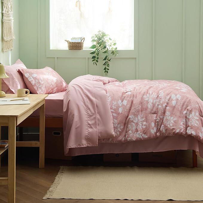 Bedsure Pink Twin XL Comforter Set - 5 Pieces Floral Bedding Sets Twin XL Bed in a Bag with Reversible Botanical Flowers Comforter, Sheets, Pillowcase & Sham