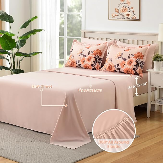 Floral Comforter Set Queen Size,7 Piece Orange Bed in a Bag, Elegant Flower Pattern Comforter Set with Sheet, Soft Microfiber Complete Bedding Sets for All Season