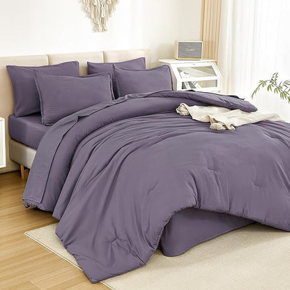 Litanika Full Size Comforter Sets Grey Purple - 7 Pieces Bed in a Bag Full Bedding Comforter Sets, Solid Lightweight Bed Set with Comforter, Sheets, Pillowcases & Shams