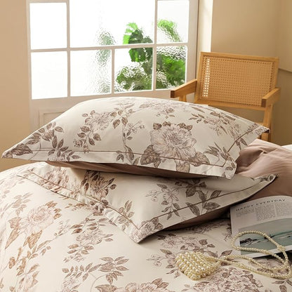 Duvet Cover Set King Size Floral Pattern 600 Thread Count Ultra Soft 100% Long Staple Cotton Duvet Cover Sets 3-PC, Breathable Duvet Cover with Zipper Closure & Corner Ties