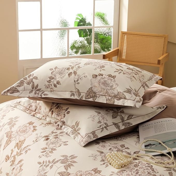 Duvet Cover Set Queen Size Floral Pattern 600 Thread Count Ultra Soft 100% Long Staple Cotton Duvet Cover Sets 3-PC, Breathable Duvet Cover with Zipper Closure & Corner Ties
