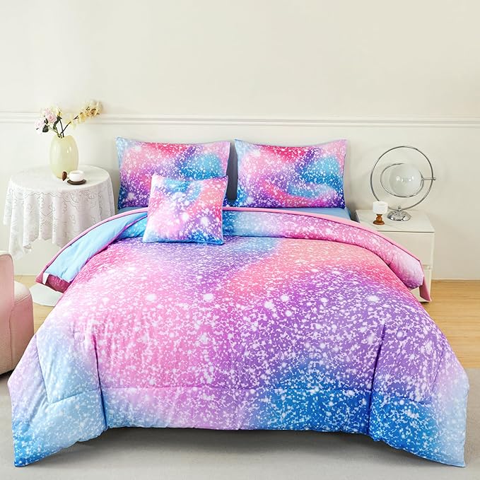 RYNGHIPY 6Pcs Girls Bedding Set Twin Size Colorful Rainbow Comforter Set for Kids Teens Girls Glitter Bedding Set Lightweight Fluffy