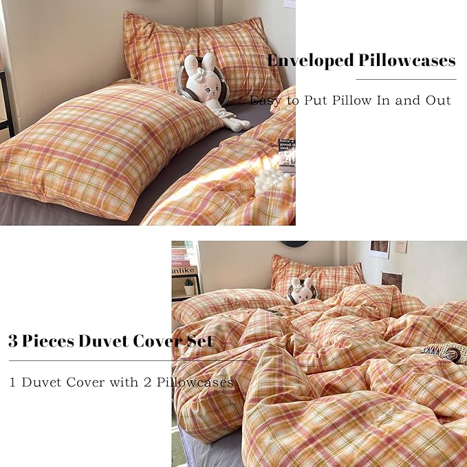 EAVD Vintage Style Gingham Duvet Cover Twin Soft 100% Washed Cotton Bedding Set with Colorful Grid Checkered Reversible Plaid Bedding Set for Boy Girl Modern Grid Plaid Duvet Cover with Zipper