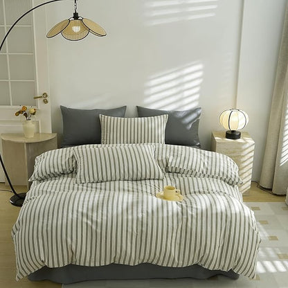 EAVD Striped Comforter Set Queen Grey White Stripes Bedding Set for Boys Women Men Reversible Striped Bedding Set for All-Season Modern Geometric Comforter Set Soft Fluffy