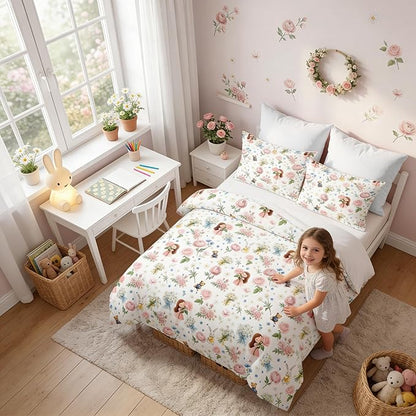 Kids Priness Comforter Set Twin Size for Girls, 2Pcs Pink Botanical Rose Bedding for Kids Kawaii Bedroom Decor, Cute Girly Rabbit Bear Comforter Set with 1 Pillowcase, 68"x86"
