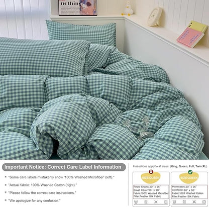 mixinni Dark Green Gingham Comforter Set Queen, Plaid Comforter Set 3 Pieces 1 Teal Grid Comfoter with 2 Pillow Cases for All Seasons, Soft Fluffy Modern Grid Pattern Printed Bedding-Queen Size