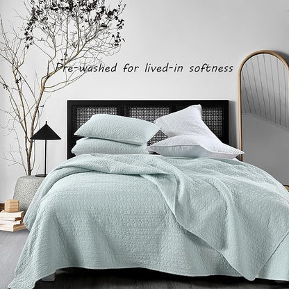 HORIMOTE HOME Quilt Set Twin Size Aqua Blue, Classic Geometric Spots Stitched Pattern, Pre-Washed Microfiber Chic Rustic Look, Ultra Soft Lightweight Quilted Bedspread for All Season, 2 Pieces