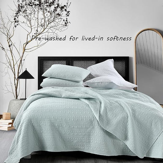 HORIMOTE HOME Quilt Set Twin Size Aqua Blue, Classic Geometric Spots Stitched Pattern, Pre-Washed Microfiber Chic Rustic Look, Ultra Soft Lightweight Quilted Bedspread for All Season, 2 Pieces
