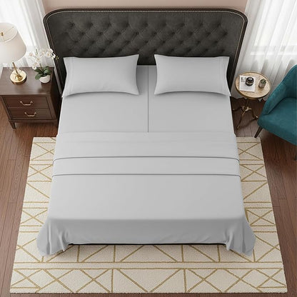 Elegant Comfort Luxurious 1500 Premium Hotel Quality Microfiber Three Line Embroidered Softest 5-Piece Bed Sheet Set, Wrinkle and Fade Resistant, Split King, Silver