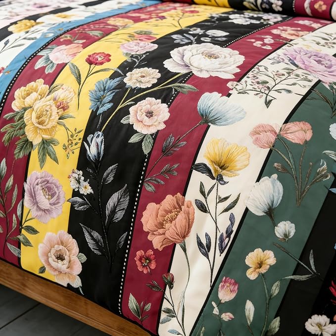 Vintage Black Floral King Size Bed in A Bag for Girls, 7Pcs Stripe Patchwork Comforter Set for Farmhouse Country Bedroom Decor, Black Botanical Quilted Bedding with 2 Pillowcases, 104"x90"