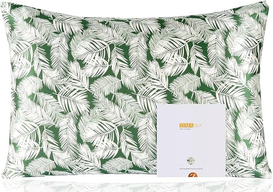 ZIMASILK 100% Pure Mulberry Silk Pillowcase for Hair and Skin Health,Both Sides 19 Momme Silk Floral Print,1pc (Standard 20''x26'',White Leaves)