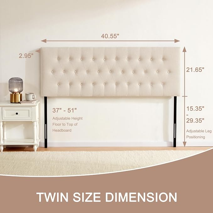 Tufted Upholstered Headboard Twin Size, Adjustable Height 37- 51 in, Beige | Sturdy and Durable Solid Wood Twin XL Headboard, Fabric Twin Headboard Only, Modern Button Diamond Design Head Board