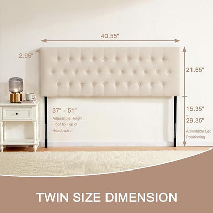 Tufted Upholstered Headboard Twin Size, Adjustable Height 37- 51 in, Beige | Sturdy and Durable Solid Wood Twin XL Headboard, Fabric Twin Headboard Only, Modern Button Diamond Design Head Board