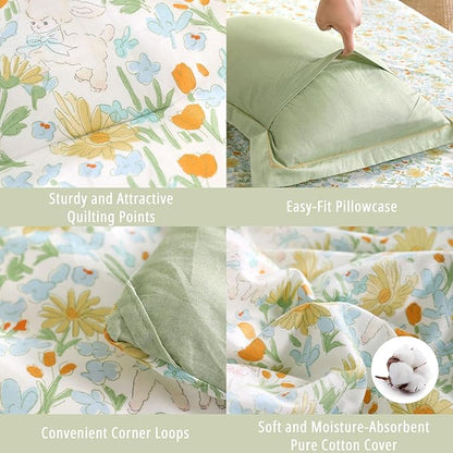 Floral Cotton Comforter Twin Size 2Pcs - Yellow and Blue Tiny Flowers & Little Lambs on White, Sage Green Back, Reversible Lightweight Bedding Sets with Soft Fill(1 Comfoter, 1 Pillowcase)