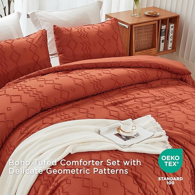 Andency Terracotta Tufted Fall Comforter Set Full(79x90Inch), 3 Pieces(1 Boho Comforter, 2 Pillowcases) Textured Farmhouse, Soft Microfiber Down Alternative Geometric Fall Bedding Set