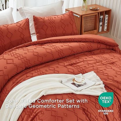 Andency Terracotta Tufted Comforter Set Twin(66x90Inch), 2 Pieces(1 Boho Comforter, 1 Pillowcase) Textured Farmhouse Bed Set, Soft Microfiber Down Alternative Geometric Fall Bedding