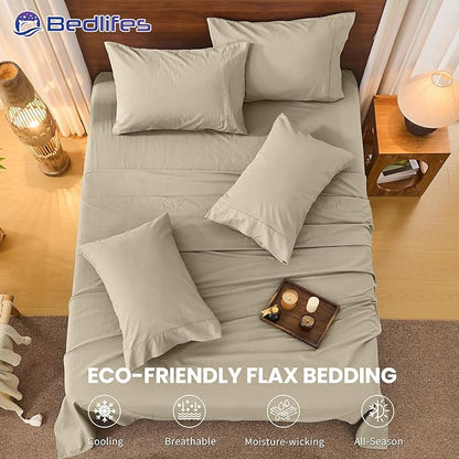 Bedlifes 100% French Pure Linen Sheets Queen Size Breathable and Cooling Flax Sheet Set Soft Durable and Moisture Wicking 16 Inch Deep Pocket-4 Piece(Queen,Taupe)