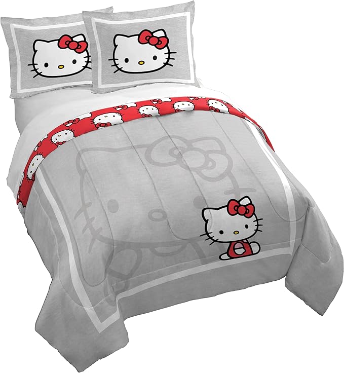 Jay Franco Duvet Cover Set – 3 Piece Comforter Cover and Sham Set, Super Soft Cozy Bedding (Insert Not Included) Grey - Hello Kitty, Full
