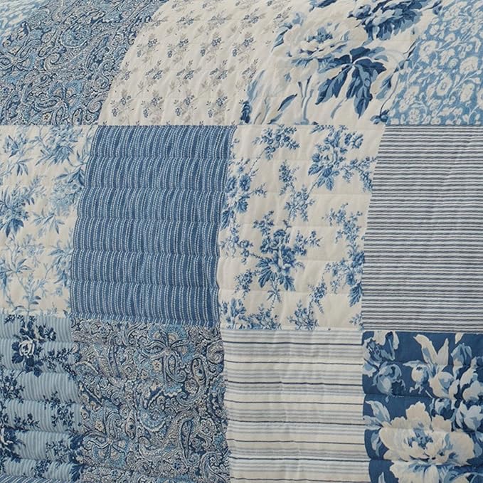 Laura Ashley - Queen Quilt Set, Soft & Reversible Cotton Floral Bedding with a Medium Weight Feel, 3 Piece Bed Set with Matching Pillowcases (Paisley Patchwork Blue)