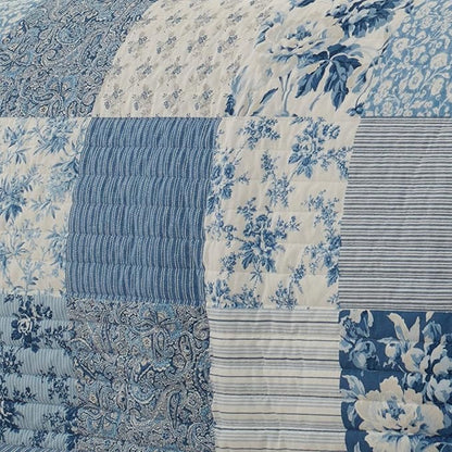 Laura Ashley - Twin Quilt Set, Reversible Cotton Bedding with Matching Sham, Medium-Weight for Year Round Use, Dorm Essentials (Paisley Printed Patchwork Blue)