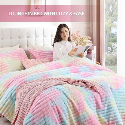 Smoofy Fluffy King Size Comforter Set 3 Pieces - Rainbow Fleece Fluffy Comforter Set, Luxury Fuzzy King Bedding Set, Soft King Bed Set All Season, Heavy Faux Fur Comforter with 2 Pillow Cases