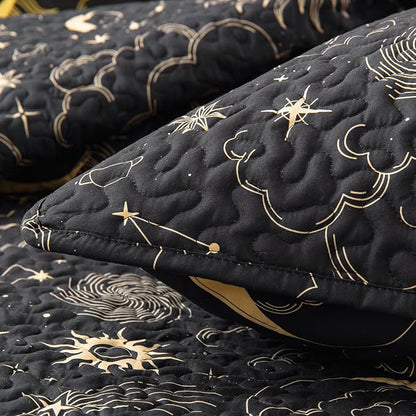 EXQ Home Quilt Set Full Queen Size Black Print 3 Piece,Lightweight Soft Coverlet Modern Style Sun Starry Pattern Bedspread Set(1 Quilt,2 Pillow Shams)