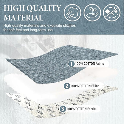 SahSahCasa Quilt Set Queen Size, 100% Cotton Quilt Bedding Set Bedspread, Botanical Pattern Solid Color Chic Lightweight Quilted Comforter for Queen Bed, White/Grayish-Blue, All Season, 3 Pieces
