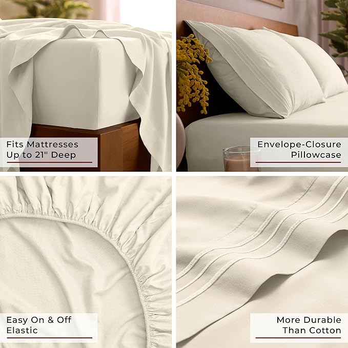 Mellanni Full Sheet Set - 6-Piece Iconic Collection Bedding, (Including 4 Pillowcases), 21-Inch Extra Deep Pocket, Easy Care, Ultra Soft, Cooling Sheets, Brushed Microfiber - Golden Ivory
