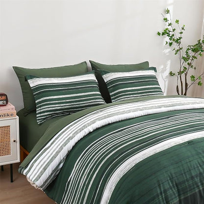 KAKIJUMN 7 Piece Bed in a Bag Stripe Comforter Set Queen Size, White Grey Green Patchwork Striped Comforter and Sheet Set, All Season Soft Microfiber Complete Bedding Sets(Dark Green,Queen)