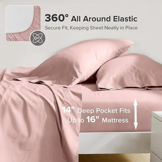 Comfort Spaces 100% Cotton Sheets Queen, Breathable & Ultra Soft Cotton Sheets, Naturally Cool Cotton Bed Sheets with 14" Elastic Pocket Fits up to 16" Mattress, All Seasons Sheet Set, Pink 4 Piece