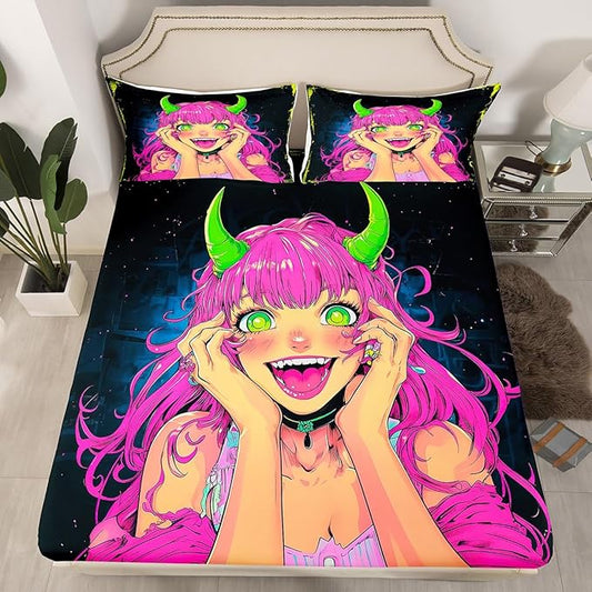 Erosebridal Anime Girl Bed Sheets Full Size, Japanese Anime Fitted Sheet for Kids Boys Teens Bedroom Decor, Cartoon Girl Bedding Set Kawaii Japanese Animation Bed Set with 2 Pillow Cases