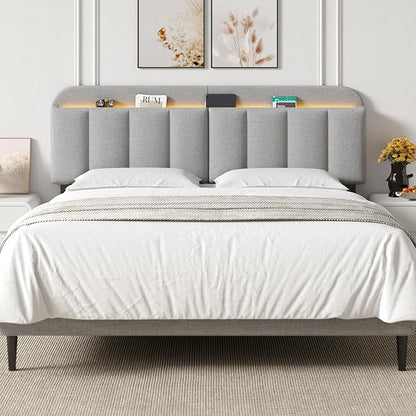 King Size Adjustable Headboard, Upholstered Headboard with Storage, APP Controlled LED Light, Padded Head Board Only, Sturdy Metal Foot Frame, Vertical Channel Design for Bedroom, Grey