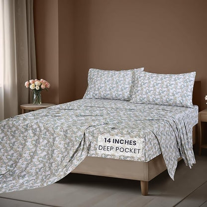 ZOYER 100% Cotton Sheets – California King Percale Bedding, Cooling & Breathable, Durable with a Crisp, Soft & Comfortable Feel, 14" Deep Pocket, 4-Piece Set, Paisley Ornamental