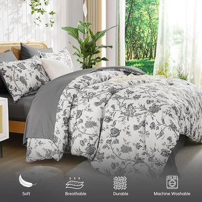 Luxudecor Floral Comforter Set King Size 7 Pieces, Dark Grey Flower with Bird Bed in a Bag, Soft Reversible Comforter with Sheet Bed Set 104"x90"
