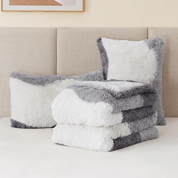 Intelligent Design Shaggy Faux Fur Comforter Set, Cozy & Soft Long Fur with Ombre Color Waves Pattern, Modern All Season Down Alternative Bed Set with Matching Sham, Cassie Full/Queen Grey 3 Piece