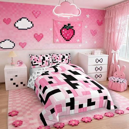 Pixelated MinersComforter Set King Size,Video Games Game Gamepad Kids Bedding Set,Geometric Grid Square Quilt Comforter,Black Pink White Duvet Insert,2 Pillowcases