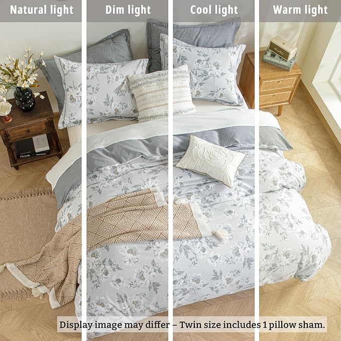 Floral Cotton Comforter Twin Size - Light Grey Comforter Printed with Vintage Ivory Flowers & Dark Yellow Stamens,Reversible Lightweight Bedding Sets 2Pcs(68"×90")