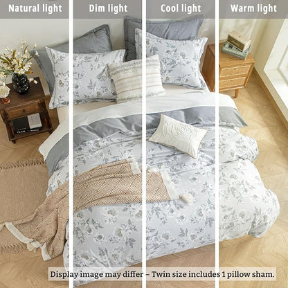 Floral Cotton Comforter Twin Size - Light Grey Comforter Printed with Vintage Ivory Flowers & Dark Yellow Stamens,Reversible Lightweight Bedding Sets 2Pcs(68"×90")