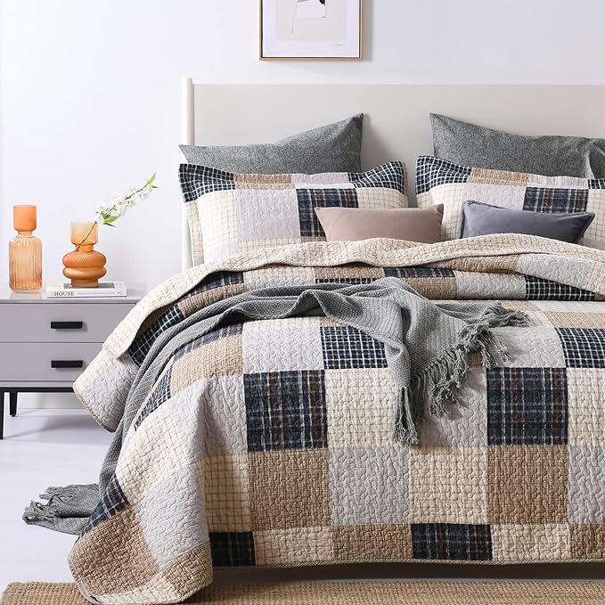 PANGUSHAN Quilts Set Queen Size,100% Cotton Quilt,Patchwork Plaid Queen Quilt Bedding Set Bedspread,Farmhouse Rustic Lightweight Comforter for Queen Bed,Cream/Brown/Blue-Black/Off-White Bed Spread