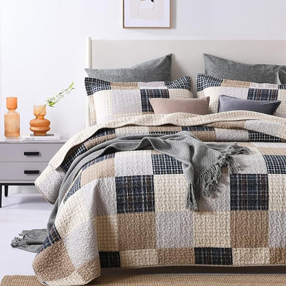 PANGUSHAN Quilts Set Queen Size,100% Cotton Quilt,Patchwork Plaid Queen Quilt Bedding Set Bedspread,Farmhouse Rustic Lightweight Comforter for Queen Bed,Cream/Brown/Blue-Black/Off-White Bed Spread