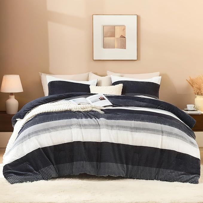Litanika Fluffy Fleece Full Size Comforter Set, Luxury Soft Plush Fuzzy Black Blue Stripe Bedding Comforter Sets, Warm Shaggy Faux Fur Bed Set All Season (1 Comforter, 2 Pillowcases)