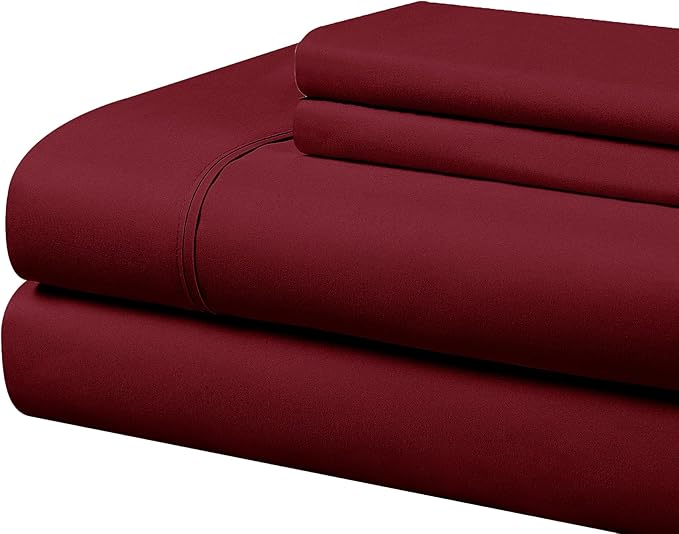 Cathay Home Essentials Ultra Soft Hypoallergenic Wrinkle Resistant Double Brushed Microfiber Bedding Sheet Set, Burgundy, Queen