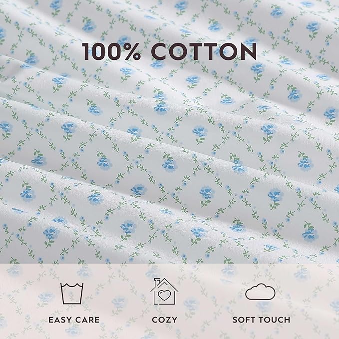 Laura Ashley - Sheet Set, Breathable Percale Cotton Bedding, 200 Thread Count, Deep Pocket, Chic Home Decor (Kate Blue, Twin)